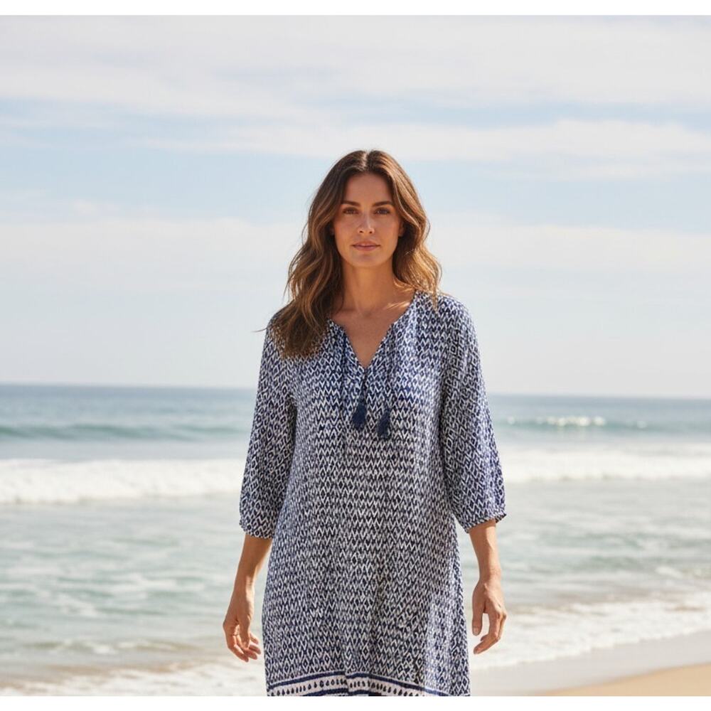 Coldwater Creek Dress Womens 14 Blue Geometric Shift 3/4 Sleeve Pockets Boho